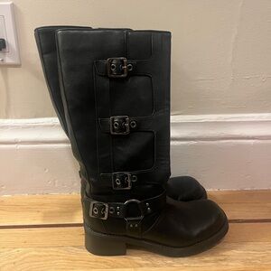 Black Women's Moto Boots with Buckle Detail